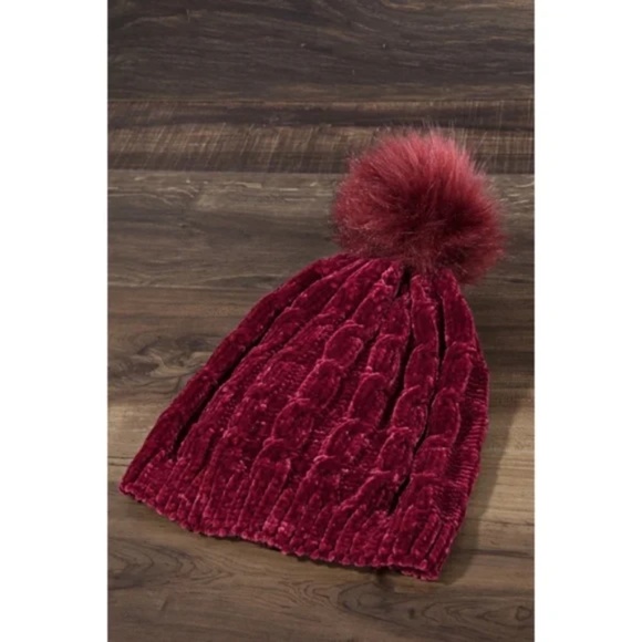 Burgundy Chenille Cable Knit Faux Fur Pompom Beanie - Picture 2 of 3